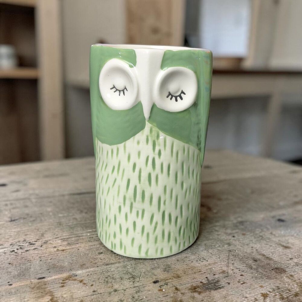 New Pier 1  Owl Vase Utensil Holder Planter White and Green Ceramic 6.25" x 3.5"